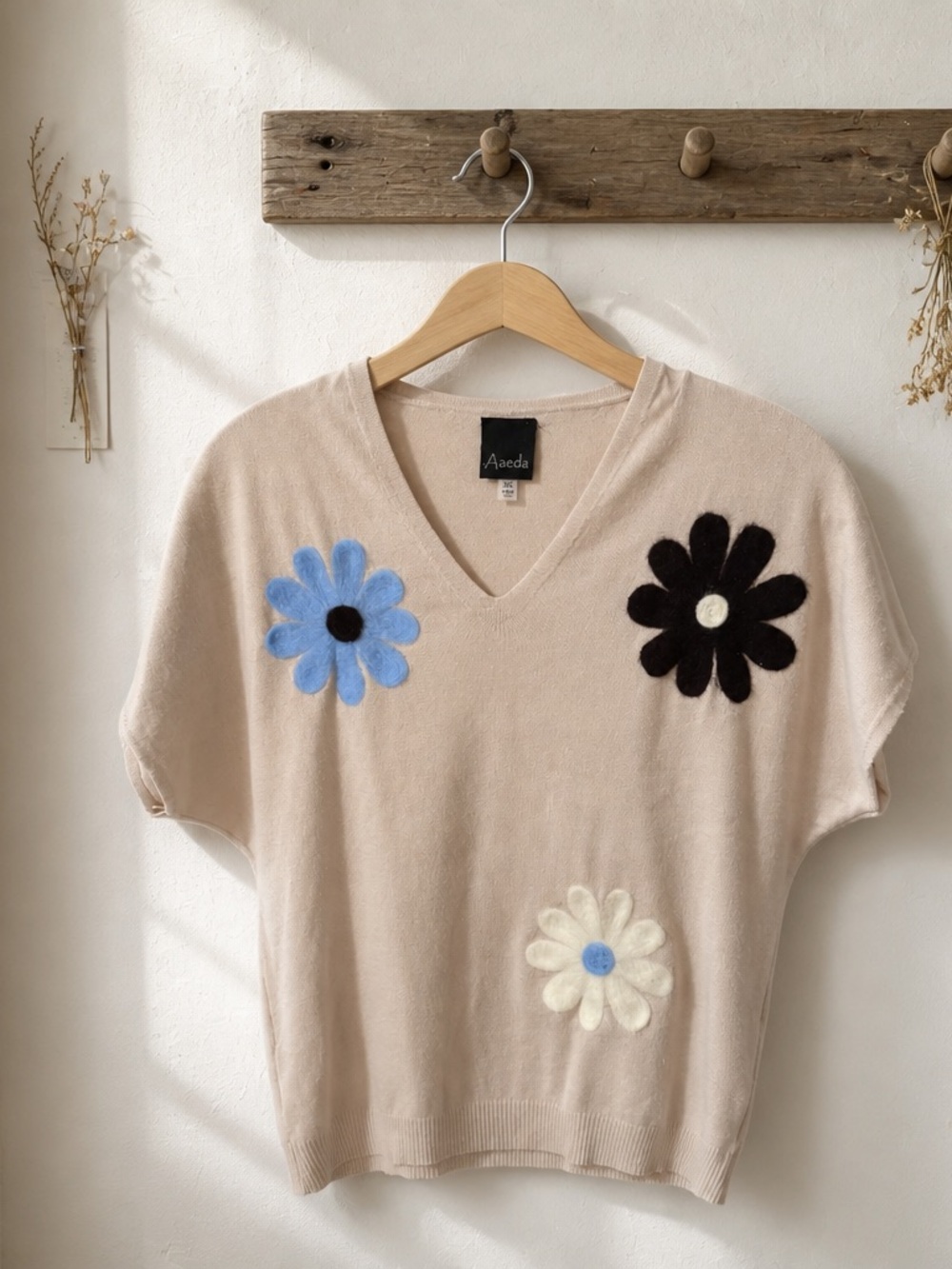 Aaeda Cream V-Neck Sweater with Floral Appliqués